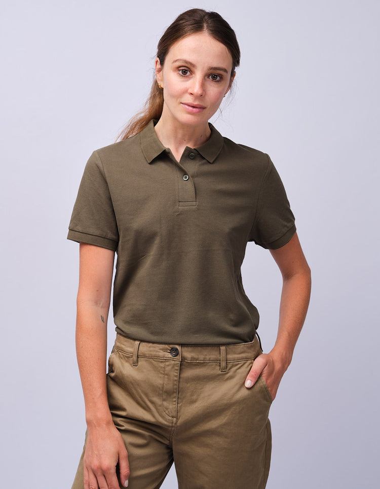 Womens Khaki Cotton Polo Shirt - Gresham Blake Studios